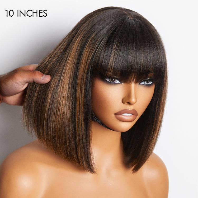 ⏰(Last Day sale-80% ОFF)⏰Put On and Go Realistic Glueless Yaki Straight Bob with Bangs Minimalist Lace Wig 100% Human Hair