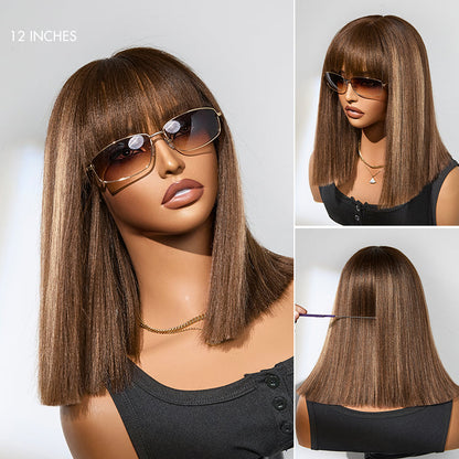 ⏰(Last Day Sale-80% ОFF)⏰Put On and Go Realistic Glueless Yaki Straight Bob with Bangs Minimalist Lace Wig 100% Human Hair