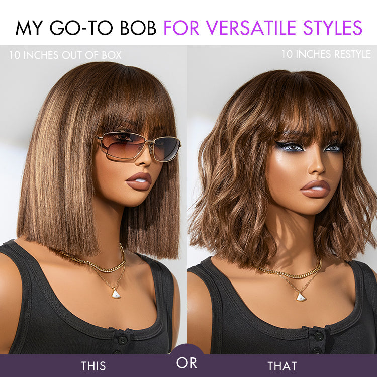 ⏰(Last Day sale-80% ОFF)⏰Put On and Go Realistic Glueless Yaki Straight Bob with Bangs Minimalist Lace Wig 100% Human Hair