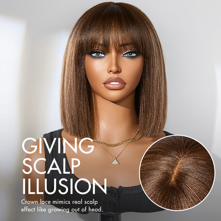 ⏰(Last Day sale-80% ОFF)⏰Put On and Go Realistic Glueless Yaki Straight Bob with Bangs Minimalist Lace Wig 100% Human Hair