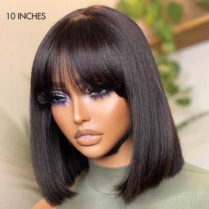 ⏰(Last Day Sale-80% ОFF)⏰Put On and Go Realistic Glueless Yaki Straight Bob with Bangs Minimalist Lace Wig 100% Human Hair