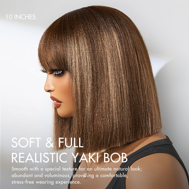 ⏰(Last Day sale-80% ОFF)⏰Put On and Go Realistic Glueless Yaki Straight Bob with Bangs Minimalist Lace Wig 100% Human Hair