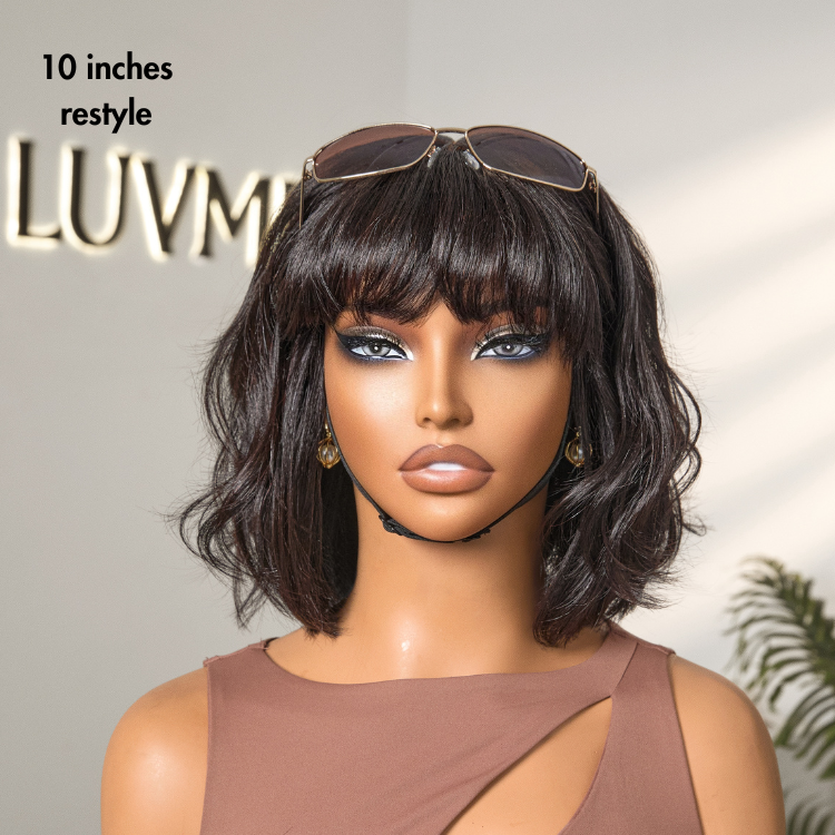 ⏰(Last Day Sale-80% ОFF)⏰Put On and Go Realistic Glueless Yaki Straight Bob with Bangs Minimalist Lace Wig 100% Human Hair