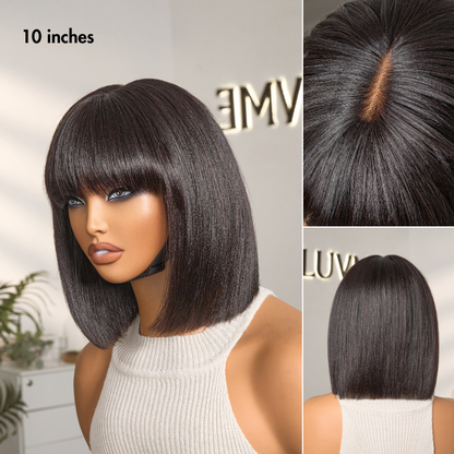 ⏰(Last Day Sale-80% ОFF)⏰Put On and Go Realistic Glueless Yaki Straight Bob with Bangs Minimalist Lace Wig 100% Human Hair