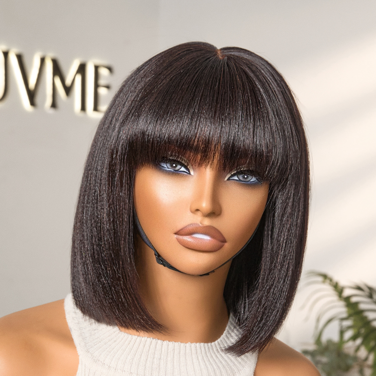 ⏰(Last Day Sale-80% ОFF)⏰Put On and Go Realistic Glueless Yaki Straight Bob with Bangs Minimalist Lace Wig 100% Human Hair