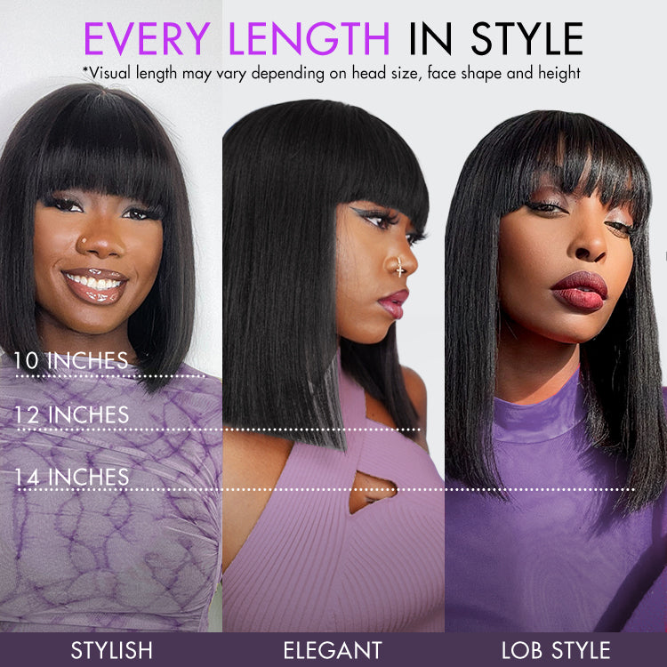 ⏰(Last Day sale-80% ОFF)⏰Put On and Go Realistic Glueless Yaki Straight Bob with Bangs Minimalist Lace Wig 100% Human Hair